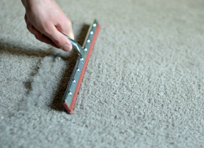 Cleaning the living room carpet with a glass scraper