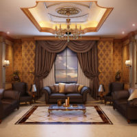 Design of a classic living room with plasterboard ceiling