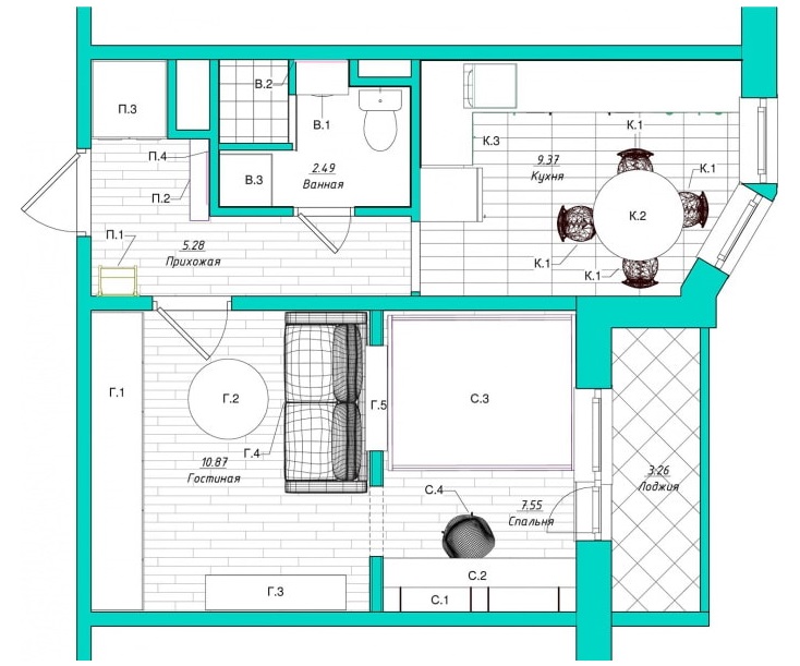 Design project of a studio apartment with an area of ​​38 square meters