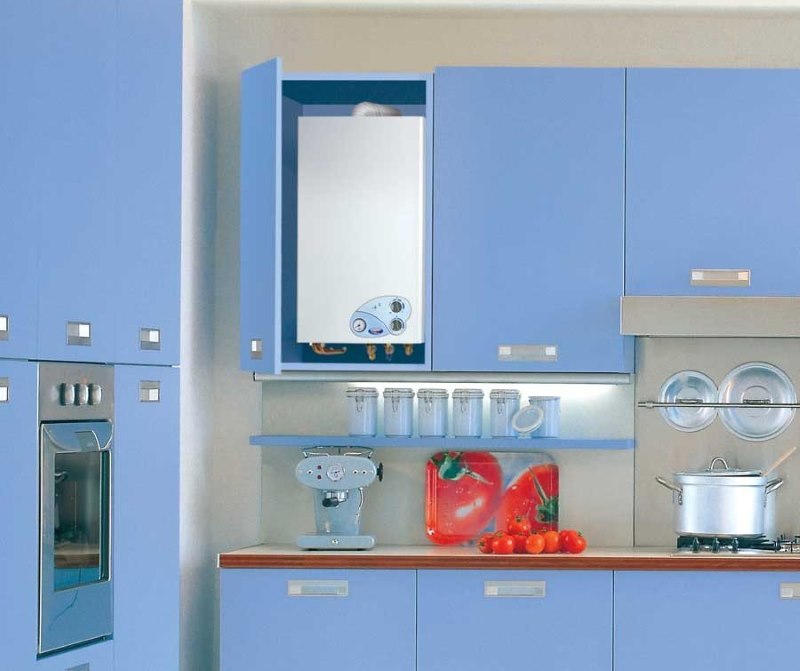 Concealed placement of a gas boiler inside kitchen furniture