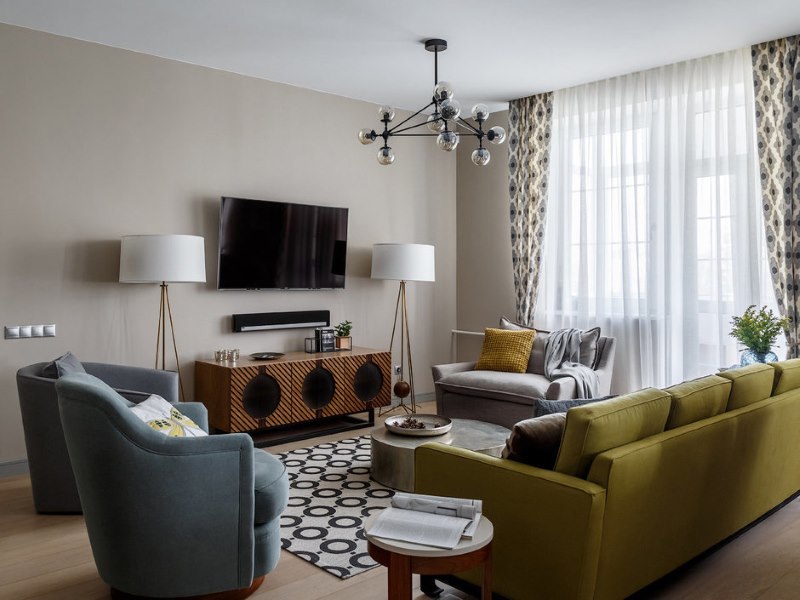Contemporary contemporary living room with olive sofa
