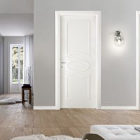 Snow-white doors on a background of gray walls