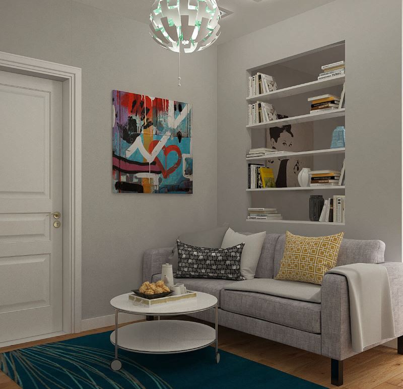 The interior of the living room in gray tones in a studio apartment 38 sq m