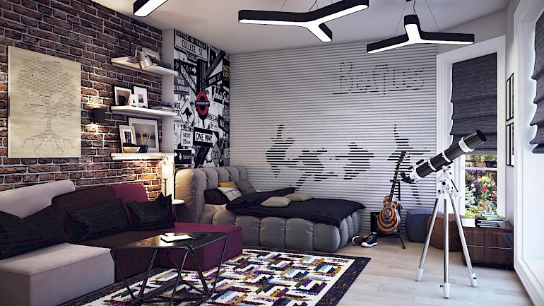 Loft-style bedroom-living room interior