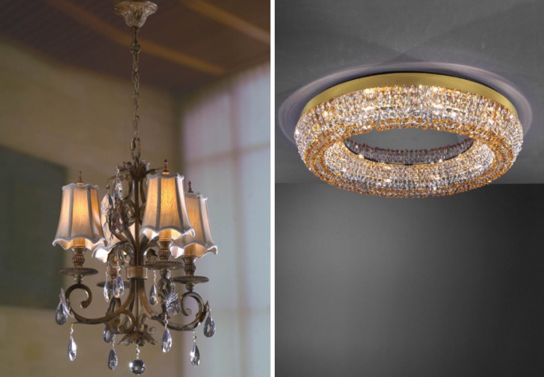 Varieties of chandeliers by the method of fixing on the ceiling