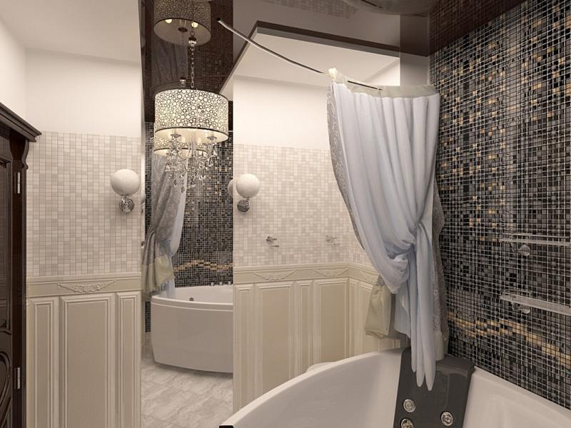 Gray mosaic panel over an acrylic bathtub