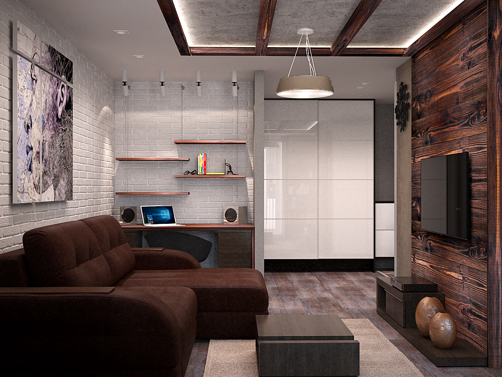 White wall in an industrial style living room