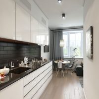The linear layout of the kitchen-living room