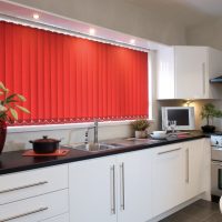 Red blinds in the interior of the kitchen