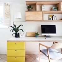 Open plywood shelves above a desk