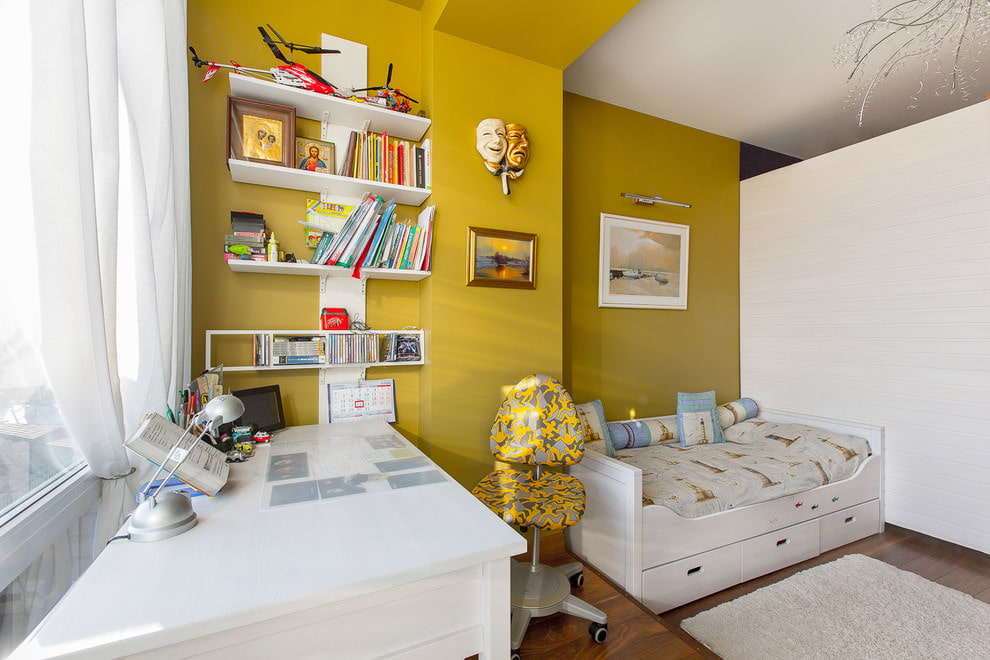 White open shelves on a yellow wall background