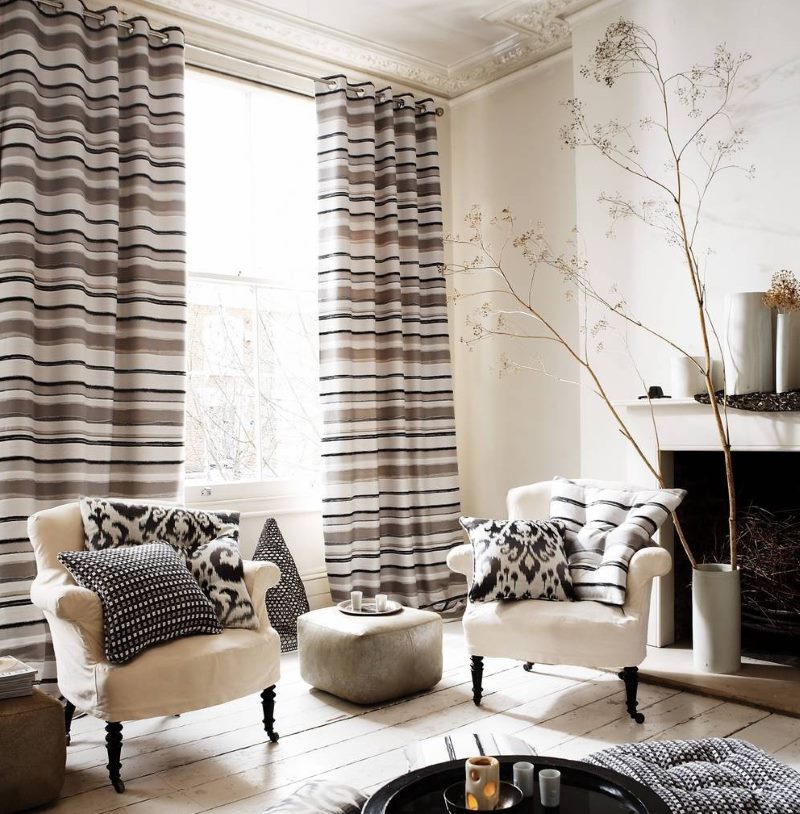 Horizontal Striped Curtains in Living Room Interior