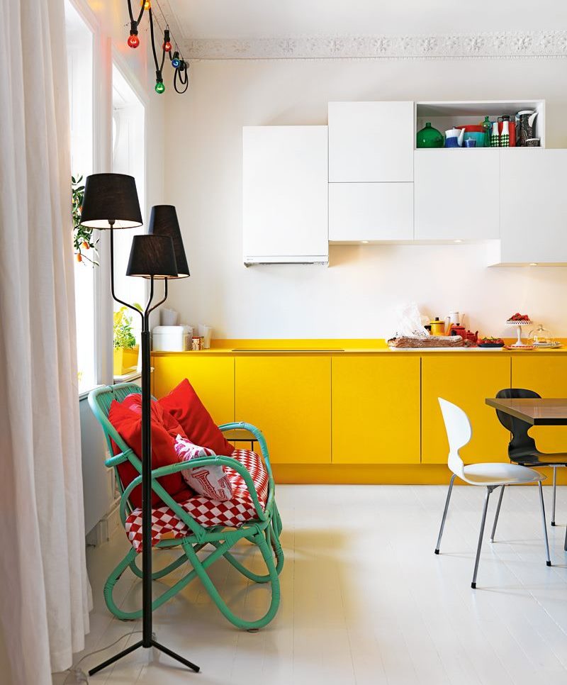 Yellow and white facades of a kitchen set