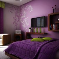 Violetinės spalvos miegamojo dizainas