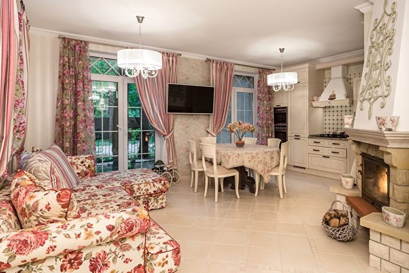 Colorful curtains with floral patterns on the windows of the living room