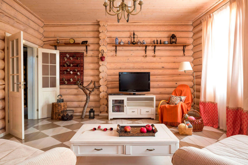 Open shelves with log wall decorations