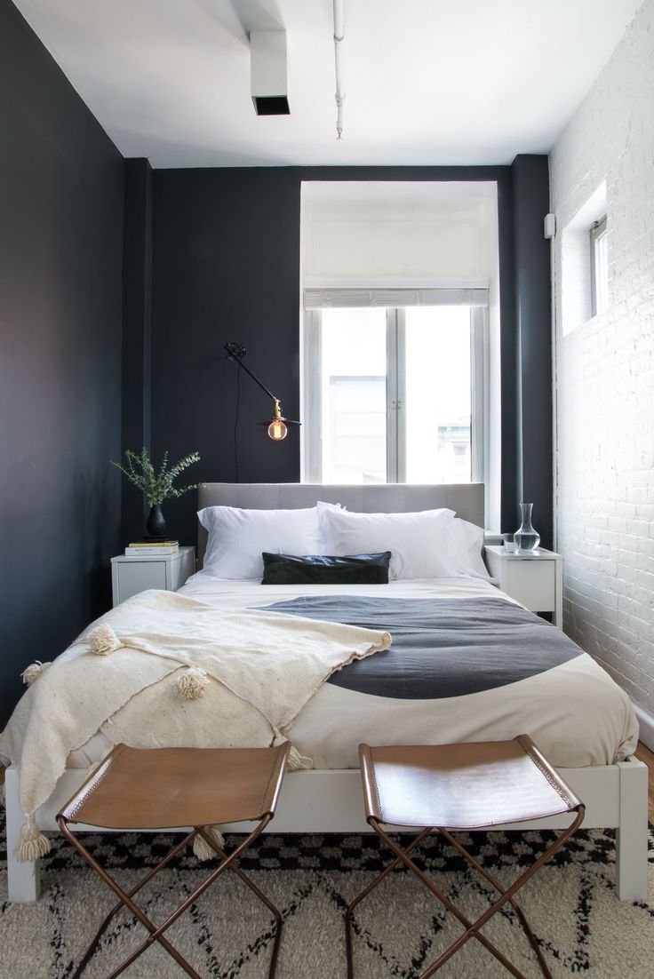 Contrast interior design of a narrow bedroom