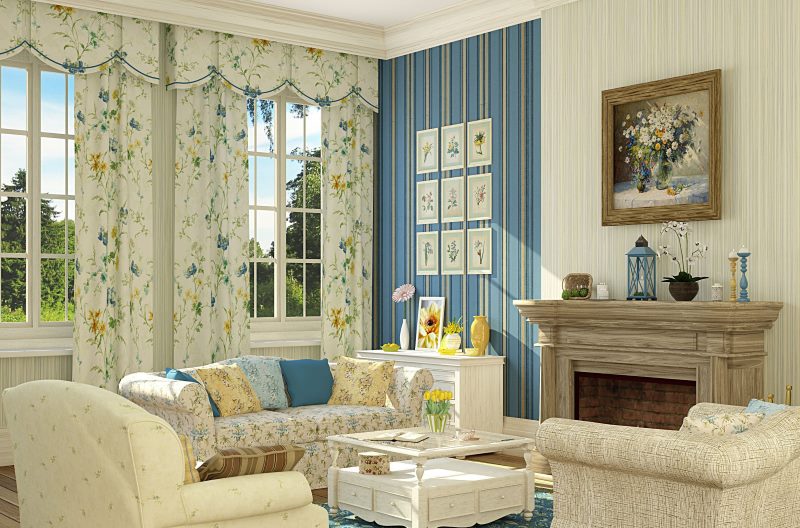 Floral curtains and striped wallpaper in a provence style living room