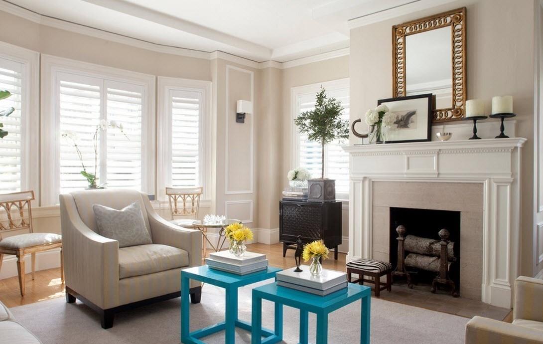 Blue stools in a bright living room decor
