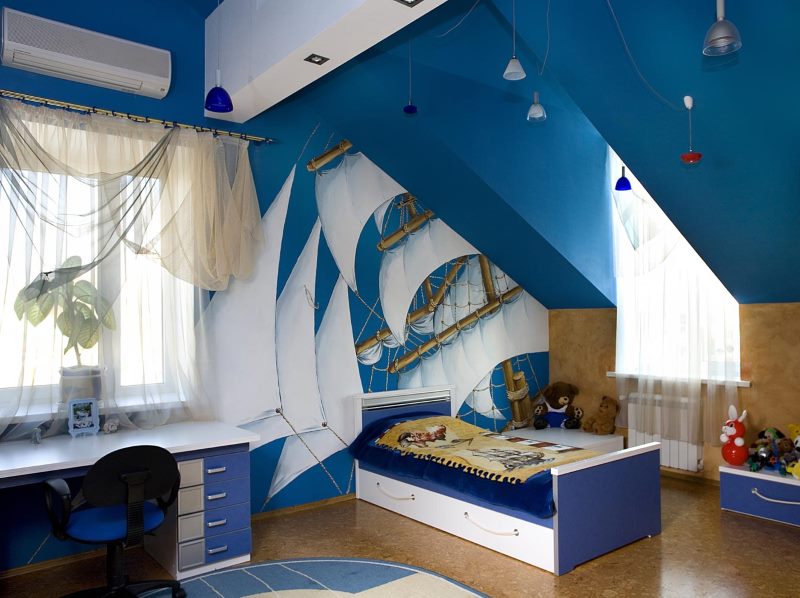 Blue walls of the attic room