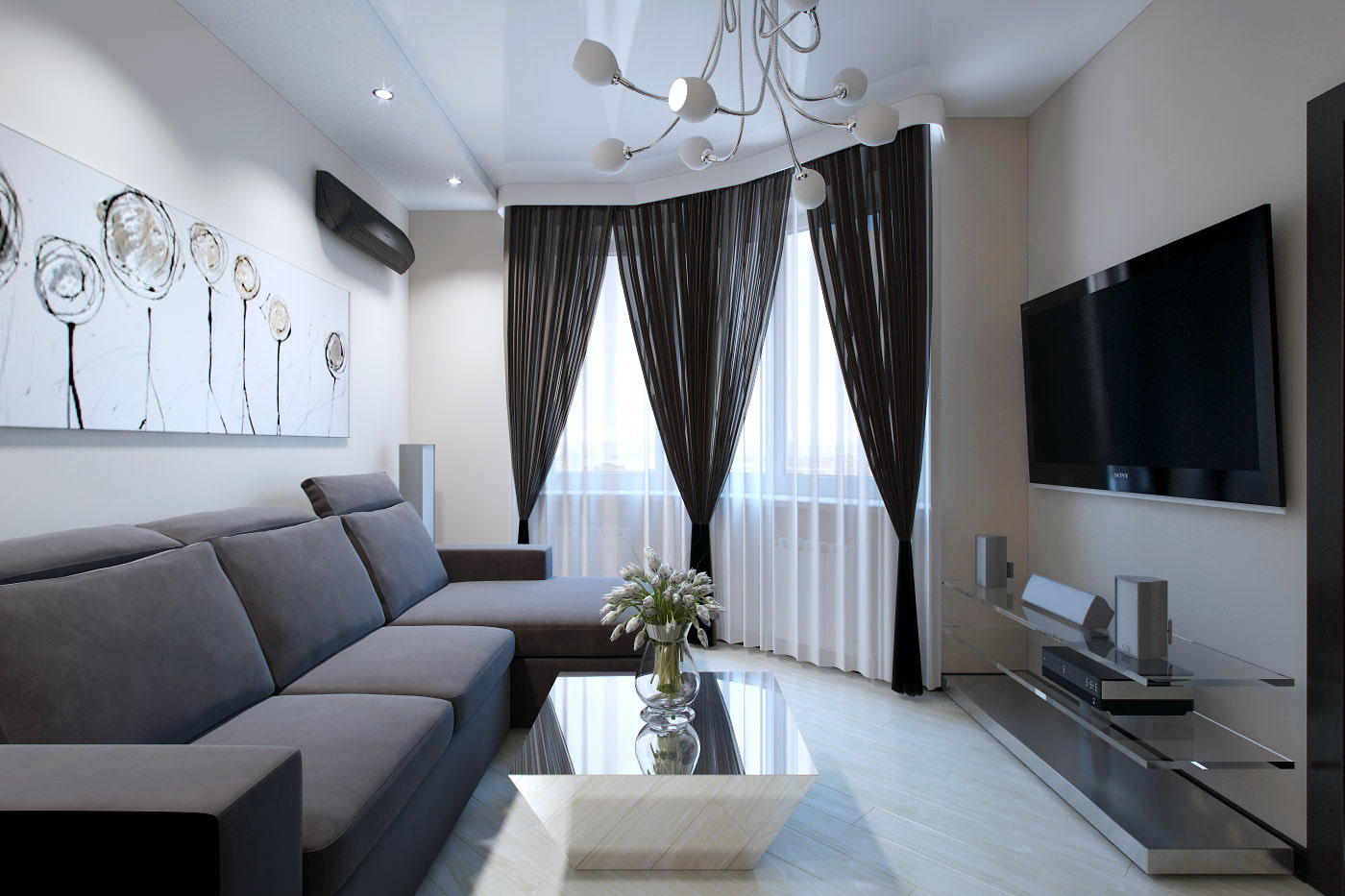 Black curtains in a gray-white living room