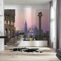 Realistic photo wallpaper on living room wall