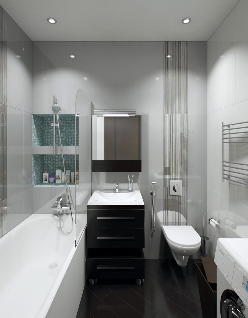 The interior of the bathroom in black and white