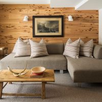 Wooden panels on the wall of the room in eco style