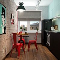 Red chairs in the loft style kitchen