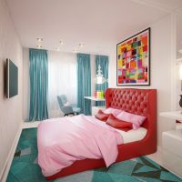 Red bed in a narrow bedroom