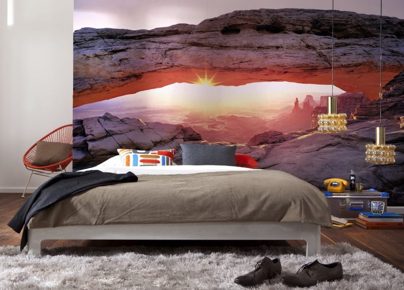 Wall mural in bedroom interior of a townhouse