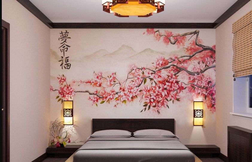Wall mural decoration in a narrow bedroom