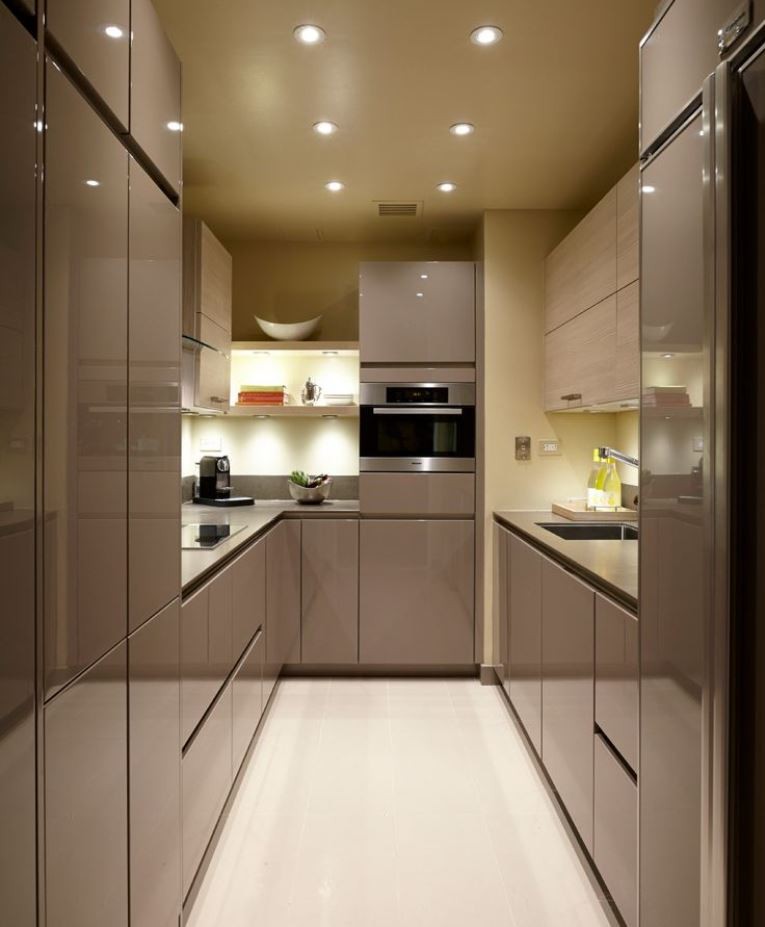 Two-row kitchen with glossy facades
