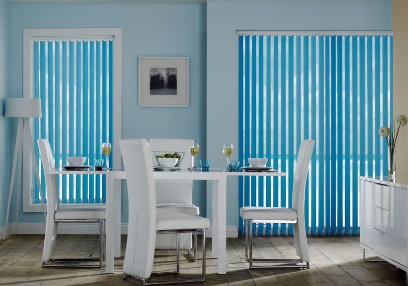 Blue vertical blinds in the interior of the kitchen