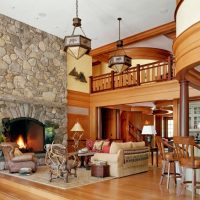 Stone and wood in the interior design of the living room
