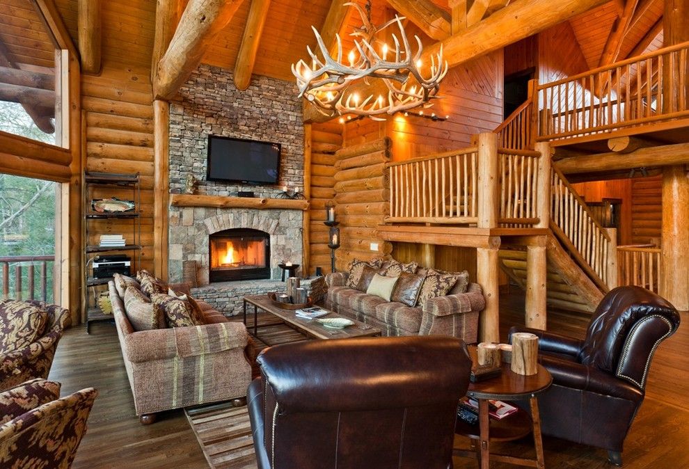 High ceiling living room in a private log house