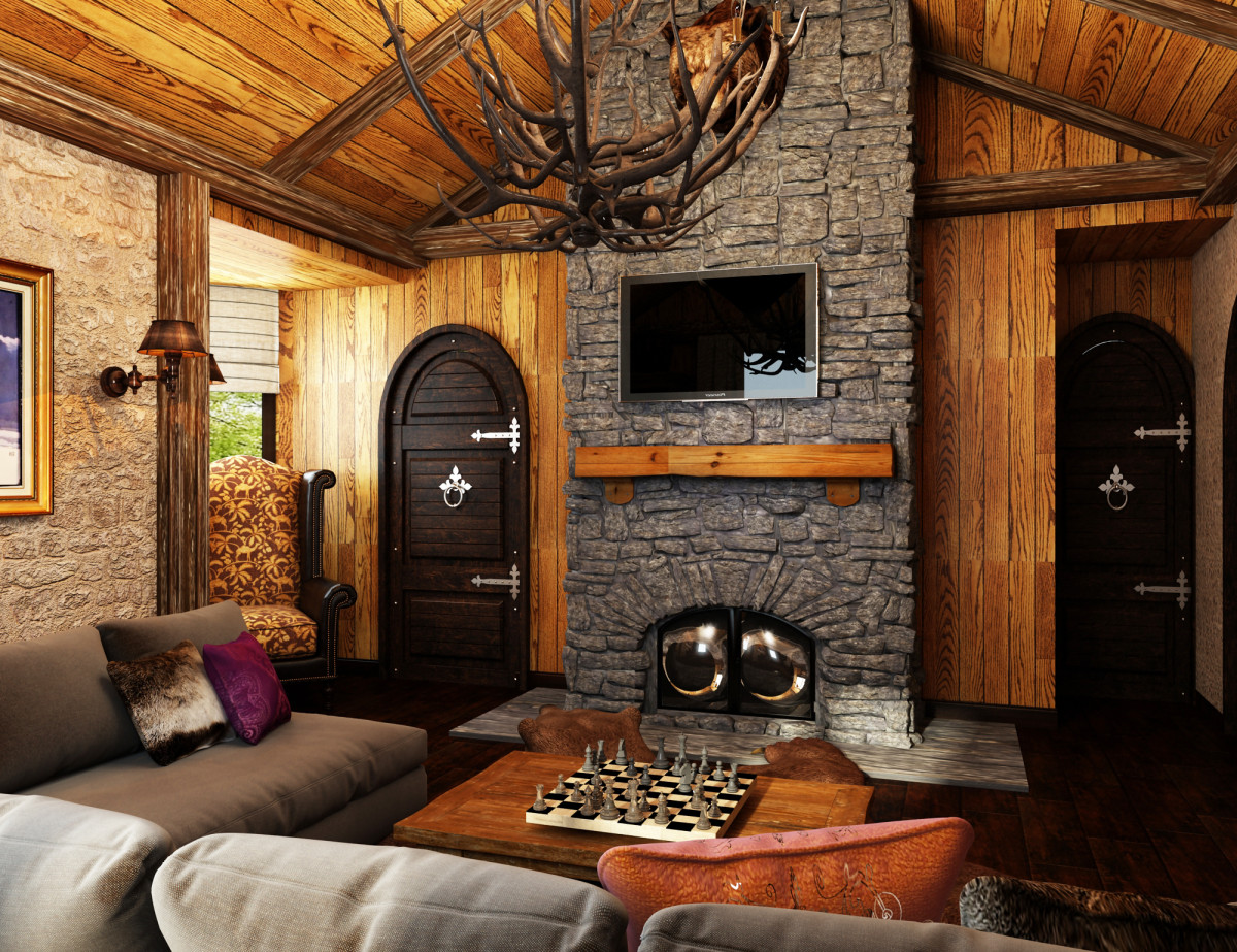 The design of the recreation area in the living room in front of the fireplace
