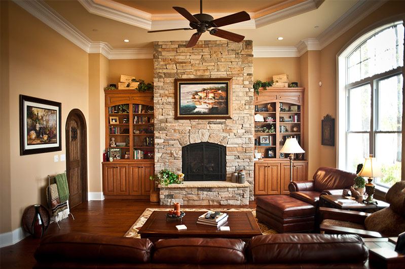 Brick fireplace in the living room of a private house