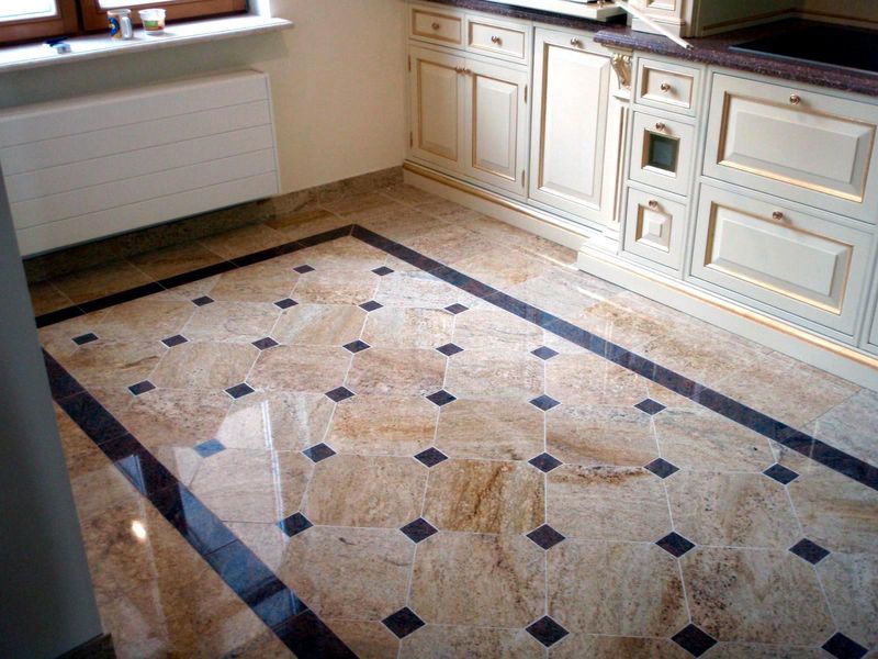 Brown ceramic floor in the corner kitchen