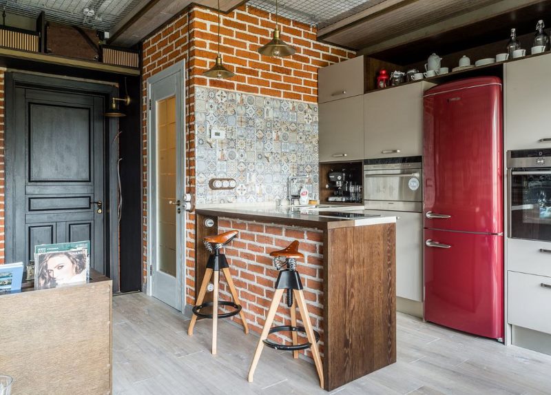 Brick wall in an industrial style studio apartment