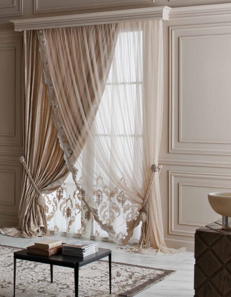 Asymmetric Italian curtain on the living room window in a classic style