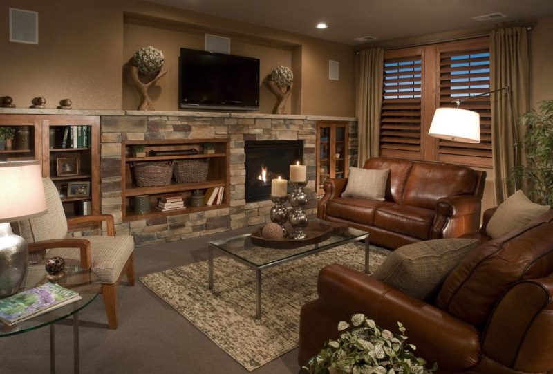 Leather furniture in a chalet-style living room interior