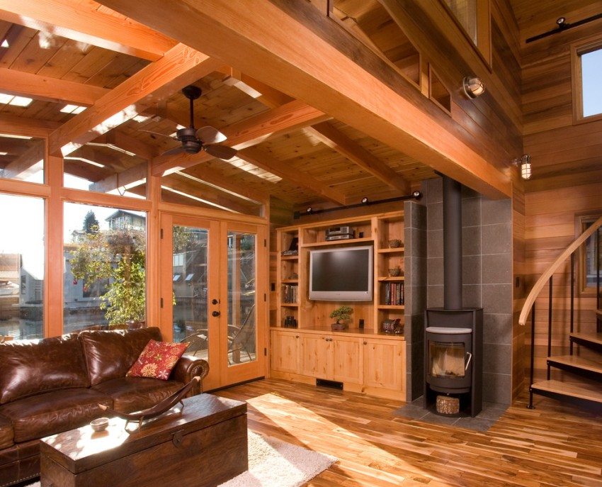 Wooden beams on the ceiling of a living room in a private house