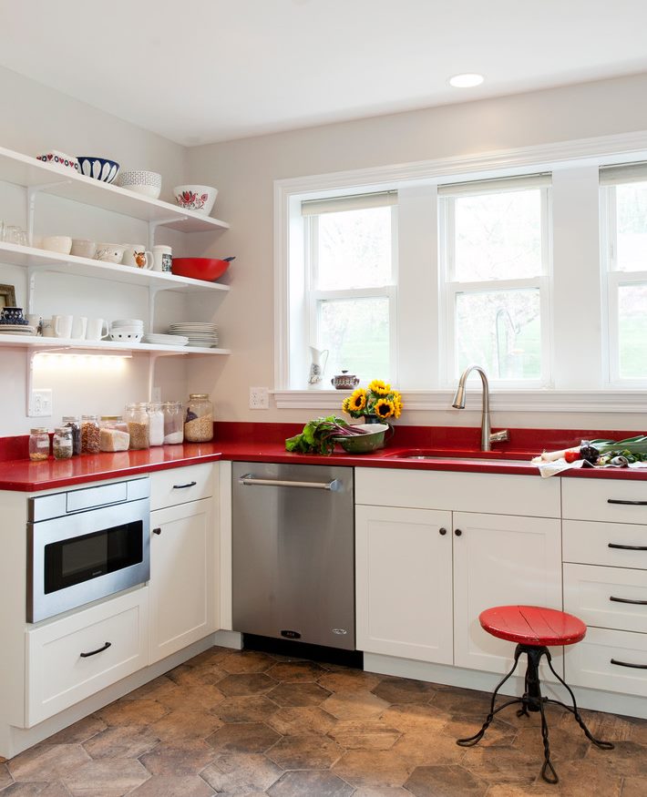 Corner kitchen set with red countertop