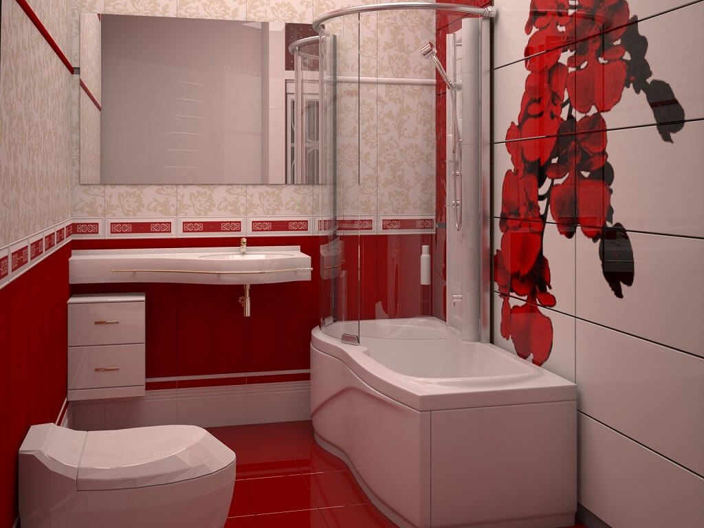 Carrelage rouge au mur et au sol de la salle de bain avec toilette