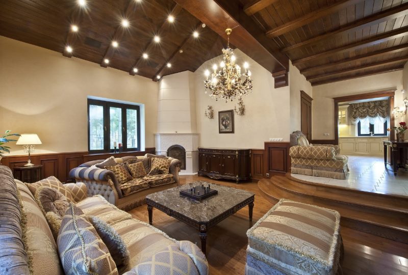 Alpine chalet style high ceiling living room interior
