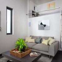 Canapé gris dans une pièce avec une fenêtre étroite