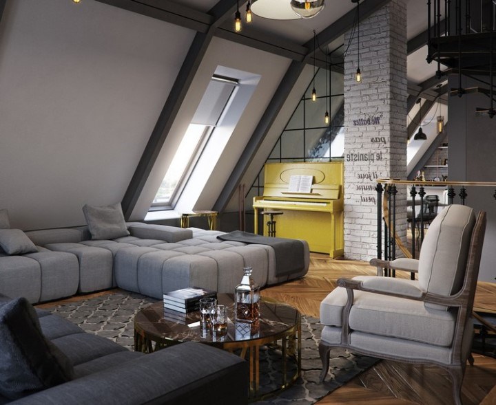 Living room design in the attic of a country house