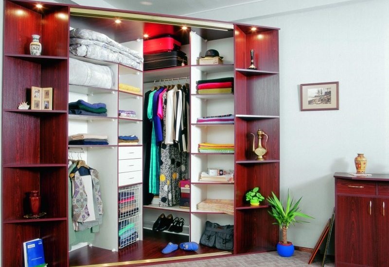 Shelves and drawers inside corner corner wardrobe