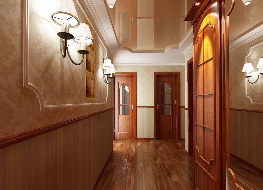 Narrow corridor interior with wall lights